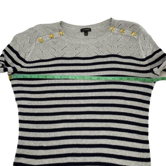 TALBOTS Gray Navy Blue Stripe Button Shoulder Pullover Sweater Size Medium Women - Picture 9 of 11